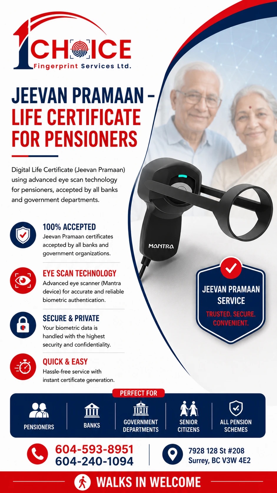 Jeevan Pramaan Digital Life Certificate for pensioners at 1 Choice Fingerprint Services, Surrey BC